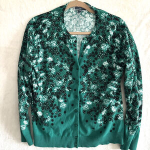 Vtg Karen Scott Cardigan Size L Cotton Green Floral Preppy Y2K